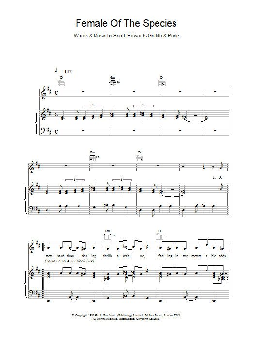 Space Female Of The Species Sheet Music Notes & Chords for Lyrics & Chords - Download or Print PDF