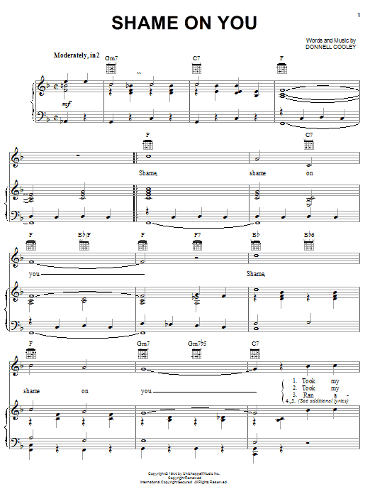 Spade Cooley Shame On You Sheet Music Notes & Chords for Piano, Vocal & Guitar (Right-Hand Melody) - Download or Print PDF