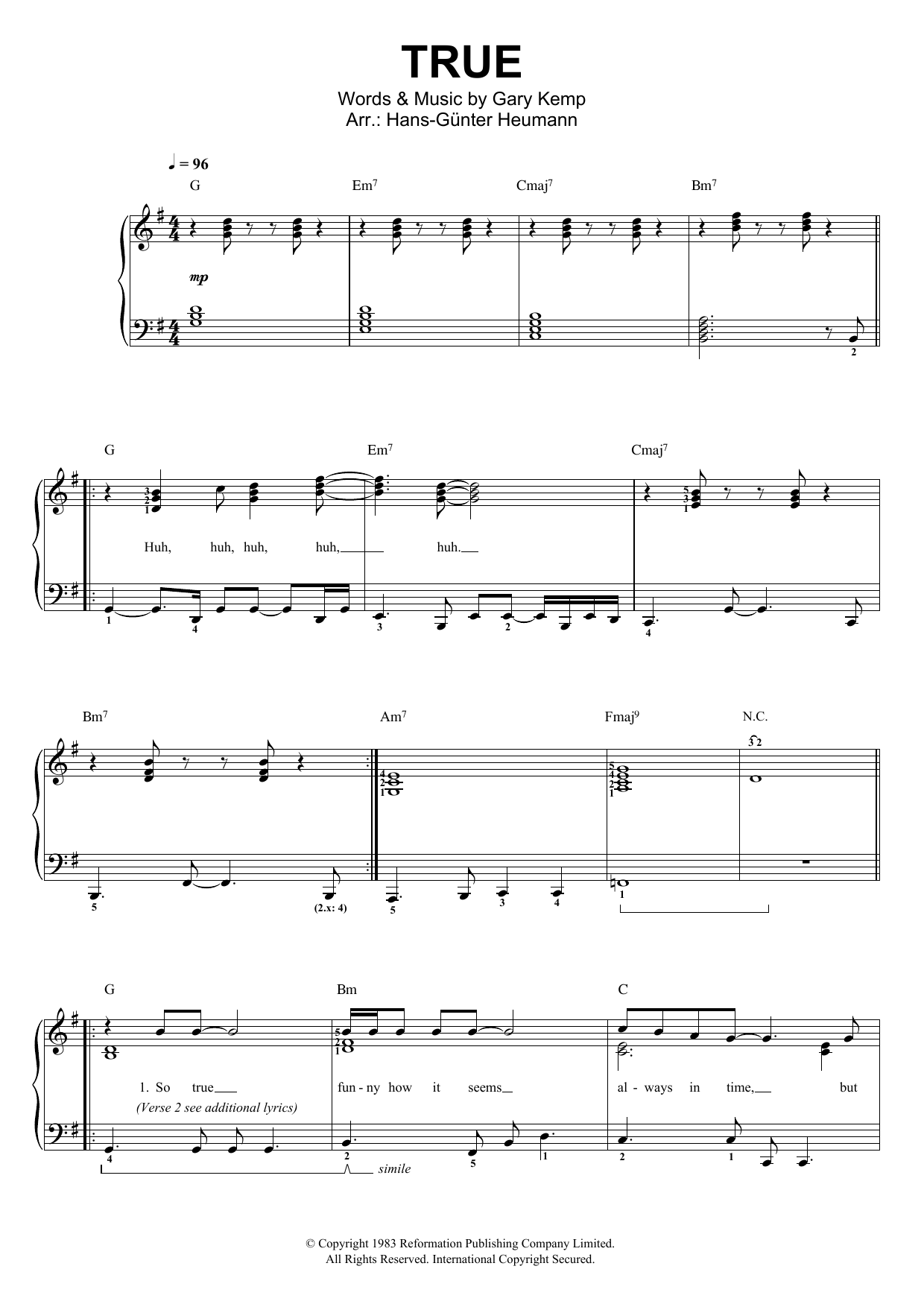 Spandau Ballet True Sheet Music Notes & Chords for Piano & Vocal - Download or Print PDF