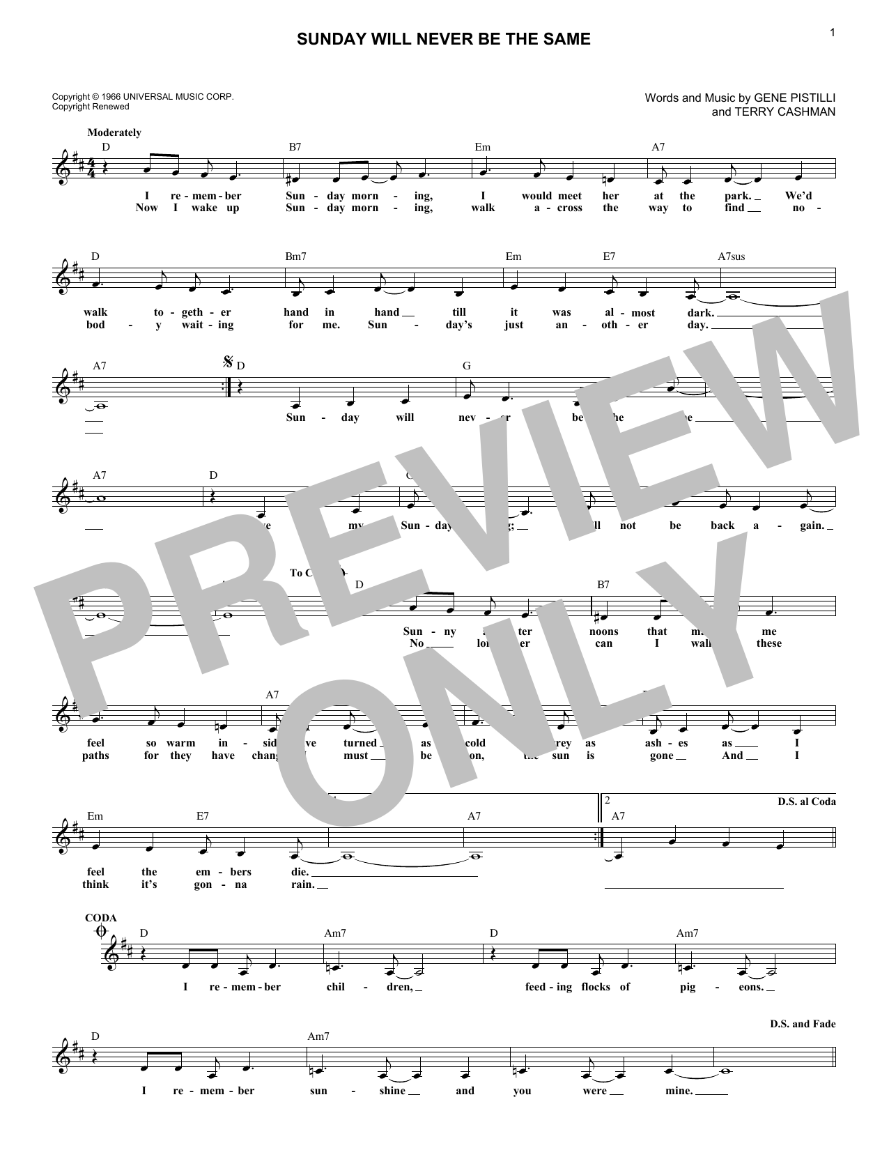 Spanky & Our Gang Sunday Will Never Be The Same Sheet Music Notes & Chords for Melody Line, Lyrics & Chords - Download or Print PDF