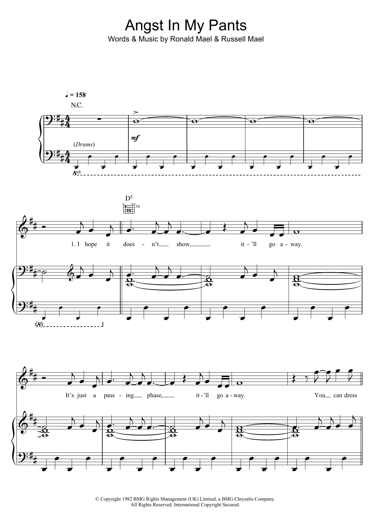 Sparks Angst In My Pants Sheet Music Notes & Chords for Piano, Vocal & Guitar (Right-Hand Melody) - Download or Print PDF