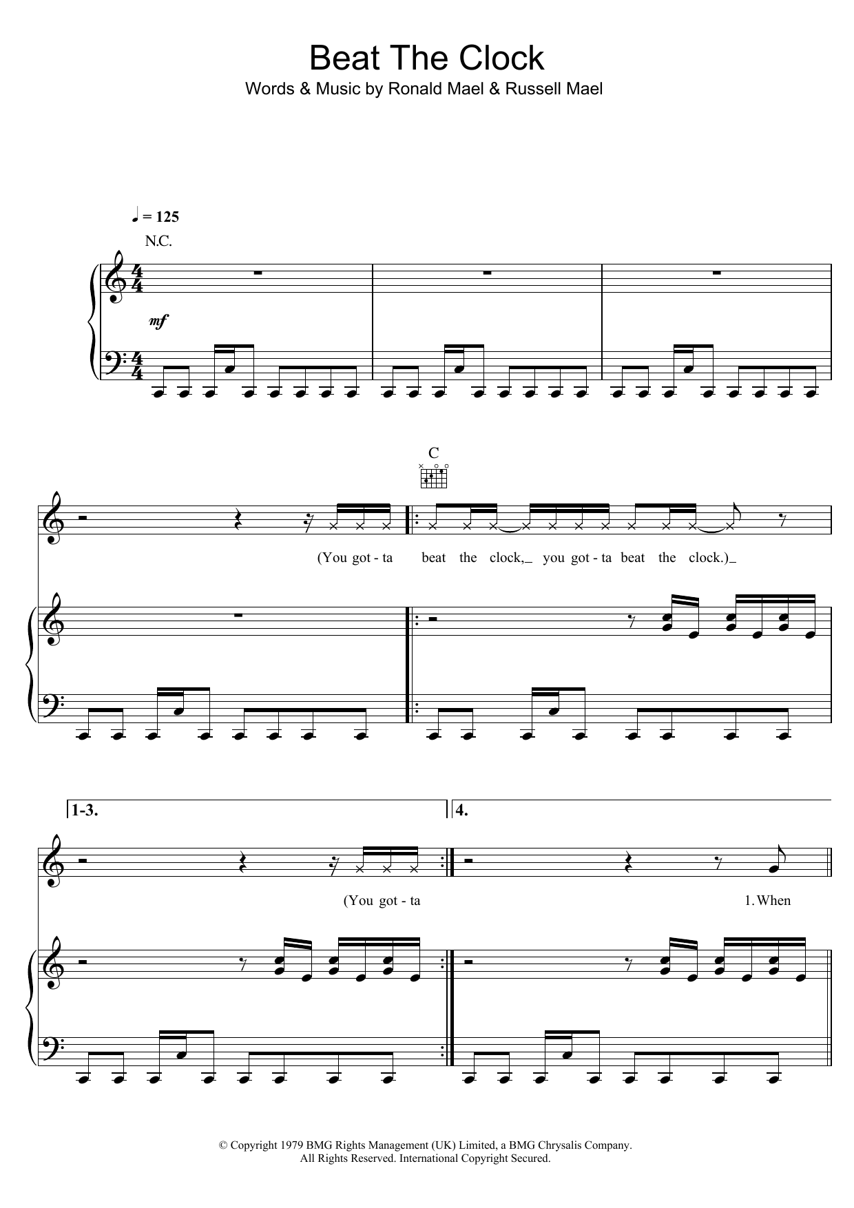 Sparks Beat The Clock Sheet Music Notes & Chords for Piano, Vocal & Guitar (Right-Hand Melody) - Download or Print PDF