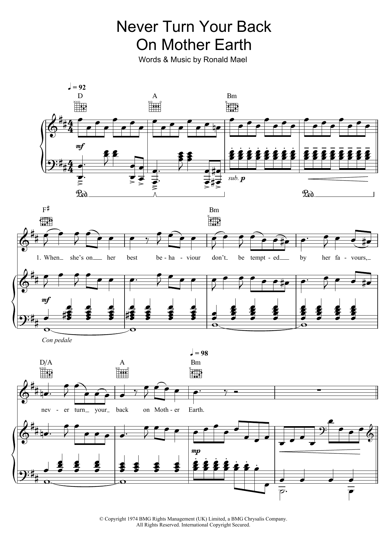 Sparks Never Turn Your Back On Mother Earth Sheet Music Notes & Chords for Piano, Vocal & Guitar (Right-Hand Melody) - Download or Print PDF