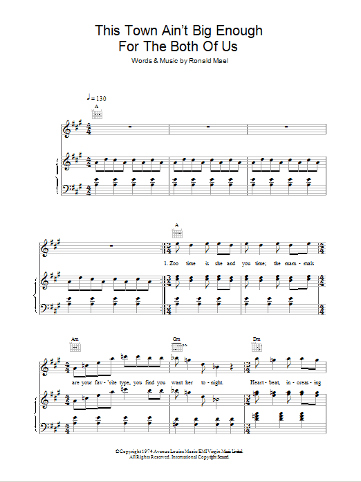 Sparks This Town Ain't Big Enough For Both Of Us Sheet Music Notes & Chords for Piano, Vocal & Guitar (Right-Hand Melody) - Download or Print PDF