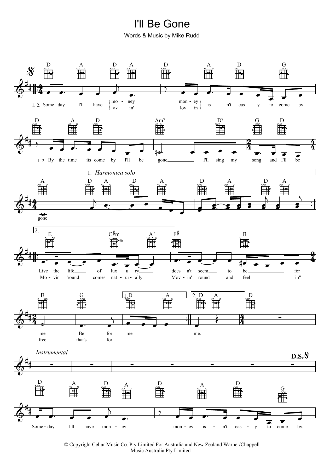 Spectrum I'll Be Gone Sheet Music Notes & Chords for Melody Line, Lyrics & Chords - Download or Print PDF