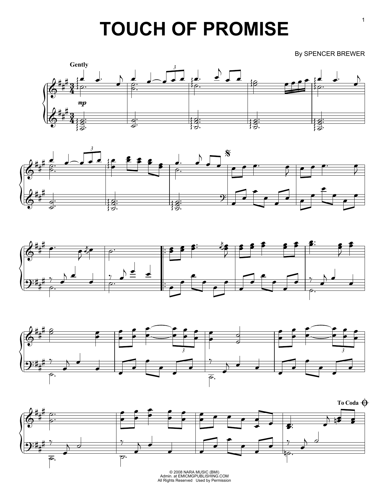 Spencer Brewer Touch Of Promise Sheet Music Notes & Chords for Piano, Vocal & Guitar Chords (Right-Hand Melody) - Download or Print PDF