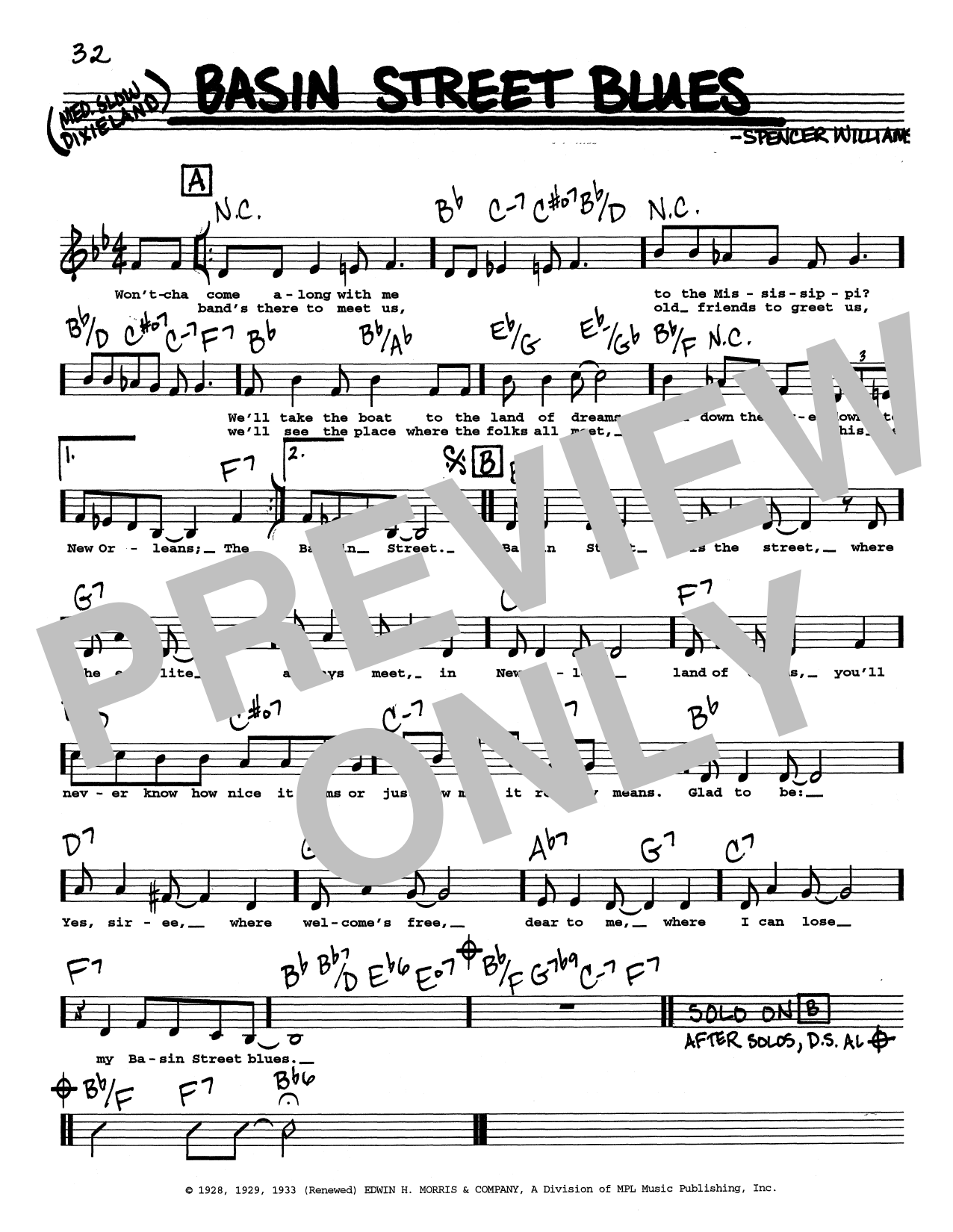 Spencer Williams Basin Street Blues (Low Voice) Sheet Music Notes & Chords for Real Book – Melody, Lyrics & Chords - Download or Print PDF