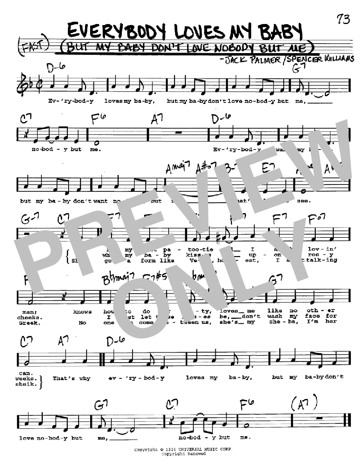 Spencer Williams Everybody Loves My Baby (But My Baby Don't Love Nobody But Me) Sheet Music Notes & Chords for Melody Line, Lyrics & Chords - Download or Print PDF
