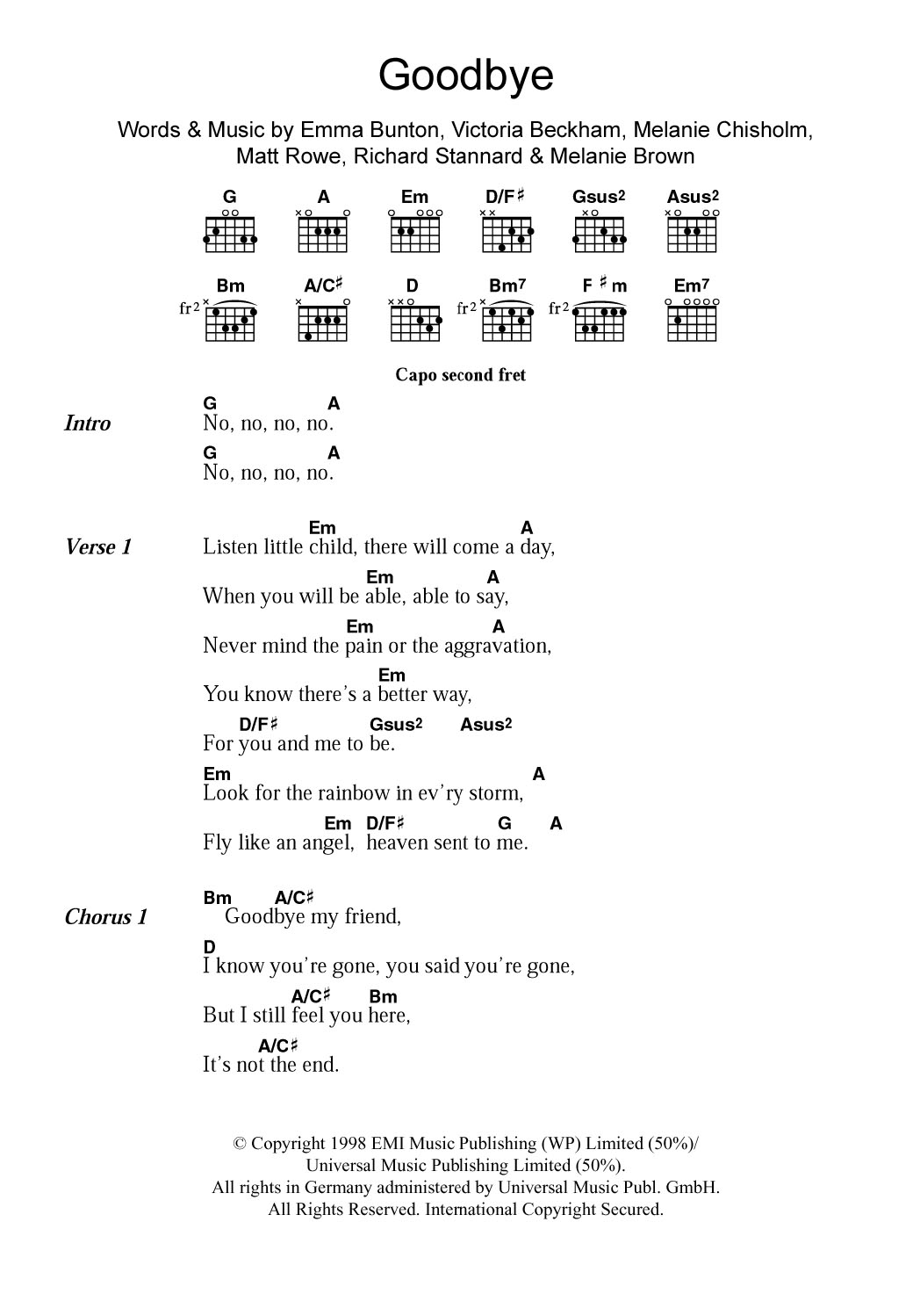 Spice Girls Goodbye Sheet Music Notes & Chords for Guitar Chords/Lyrics - Download or Print PDF