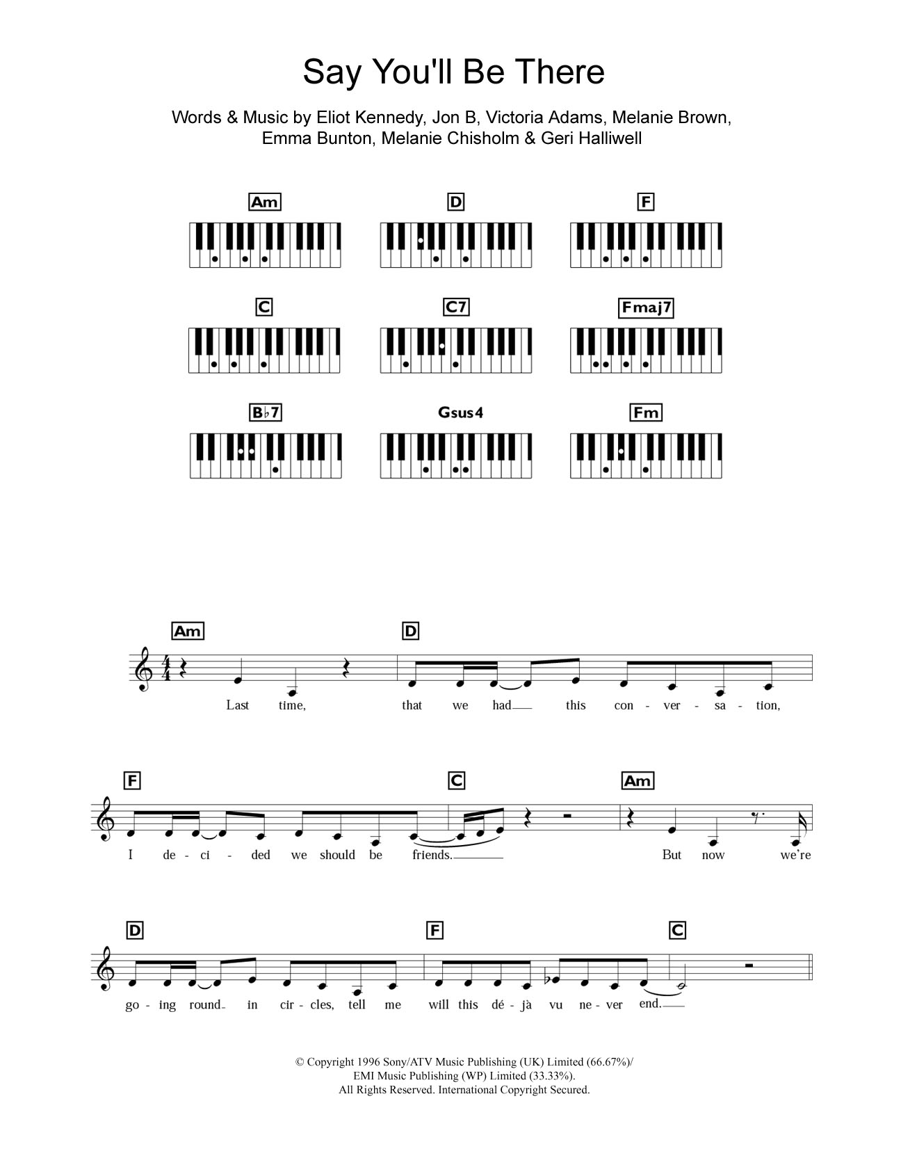 Spice Girls Say You'll Be There Sheet Music Notes & Chords for Piano, Vocal & Guitar Chords (Right-Hand Melody) - Download or Print PDF