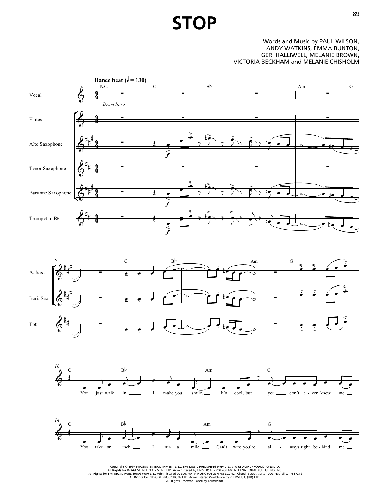 Spice Girls Stop (Horn Section) Sheet Music Notes & Chords for Transcribed Score - Download or Print PDF