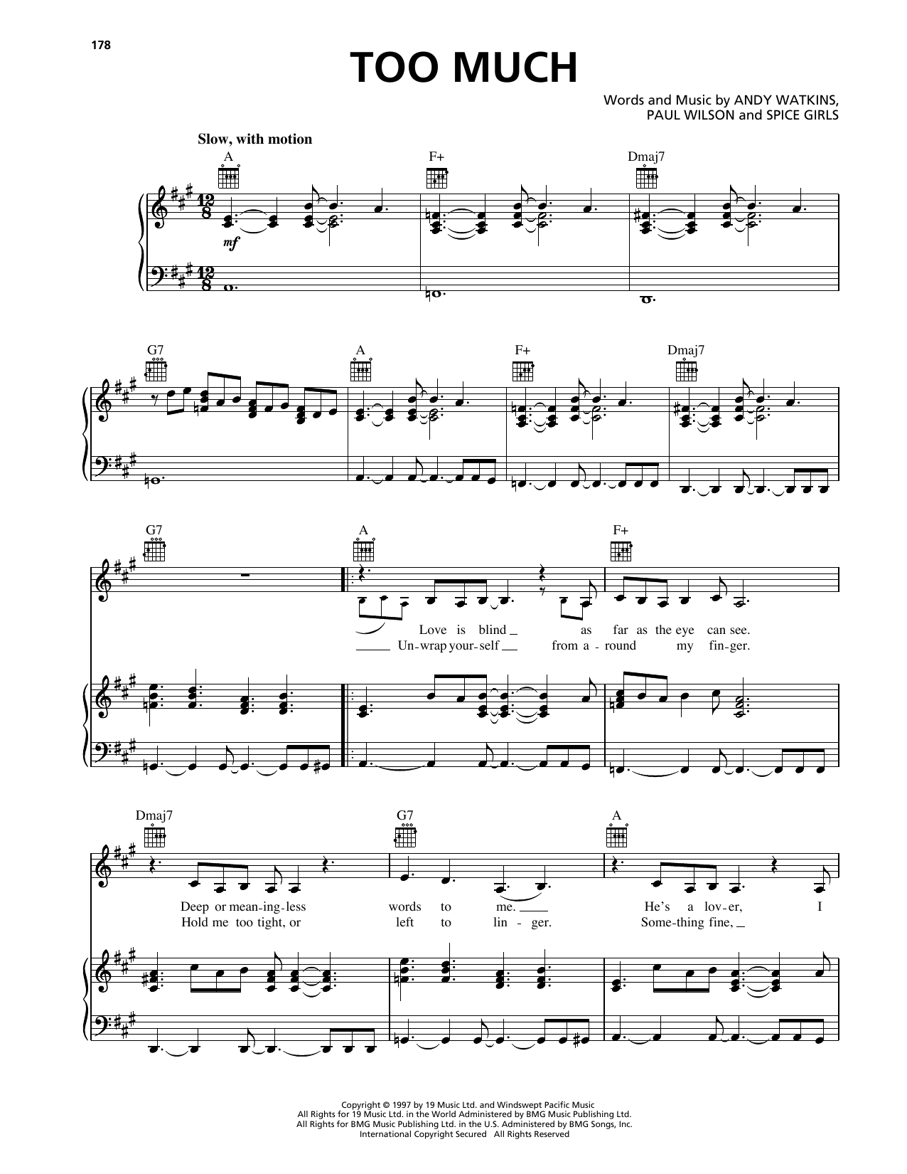 Spice Girls Too Much Sheet Music Notes & Chords for Piano, Vocal & Guitar Chords (Right-Hand Melody) - Download or Print PDF Spice Girls Too Much Sheet Music Notes & Chords for Piano, Vocal & Guitar Chords (Right-Hand Melody) - Download or Print PDF