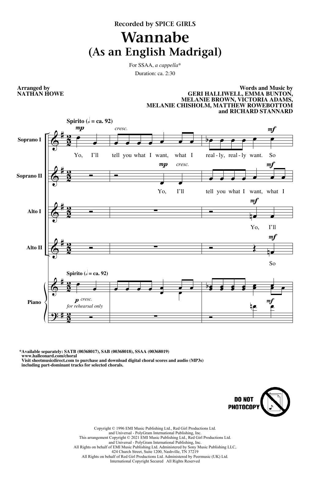 Spice Girls Wannabe (As an English Madrigal) (arr. Nathan Howe) Sheet Music Notes & Chords for SATB Choir - Download or Print PDF