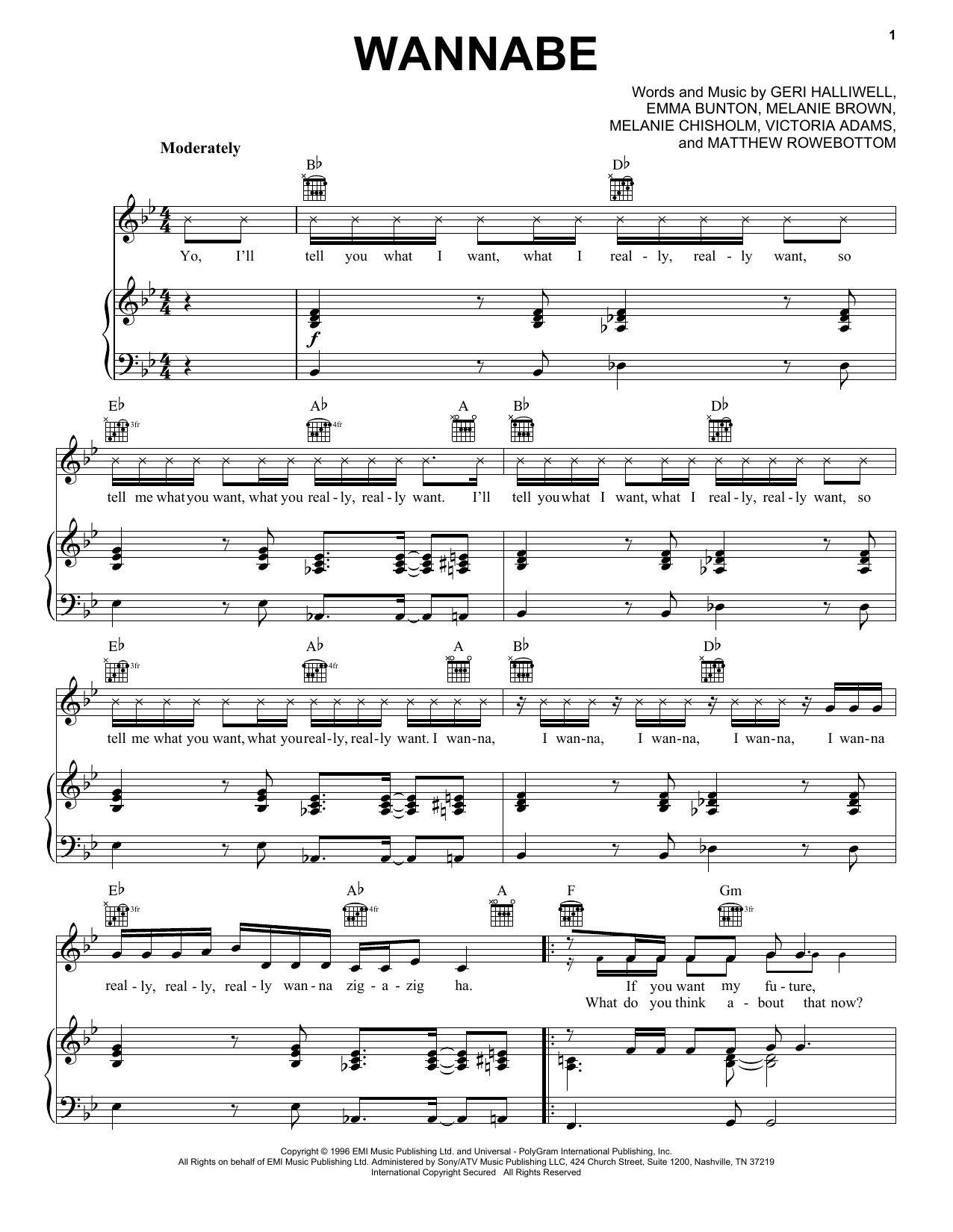 The Spice Girls Wannabe Sheet Music Notes & Chords for Piano, Vocal & Guitar (Right-Hand Melody) - Download or Print PDF