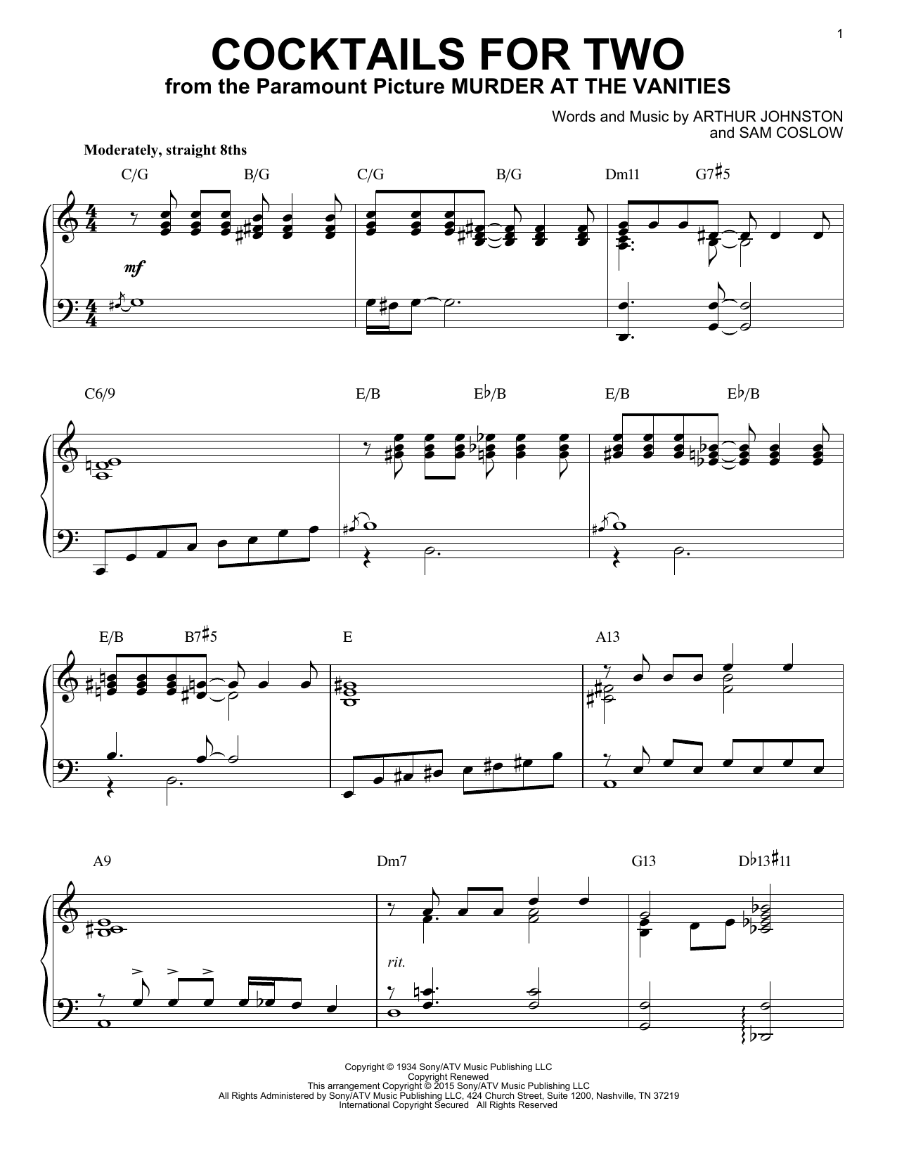 Spike Jones & His City Slickers Cocktails For Two [Jazz version] (arr. Brent Edstrom) Sheet Music Notes & Chords for Piano - Download or Print PDF