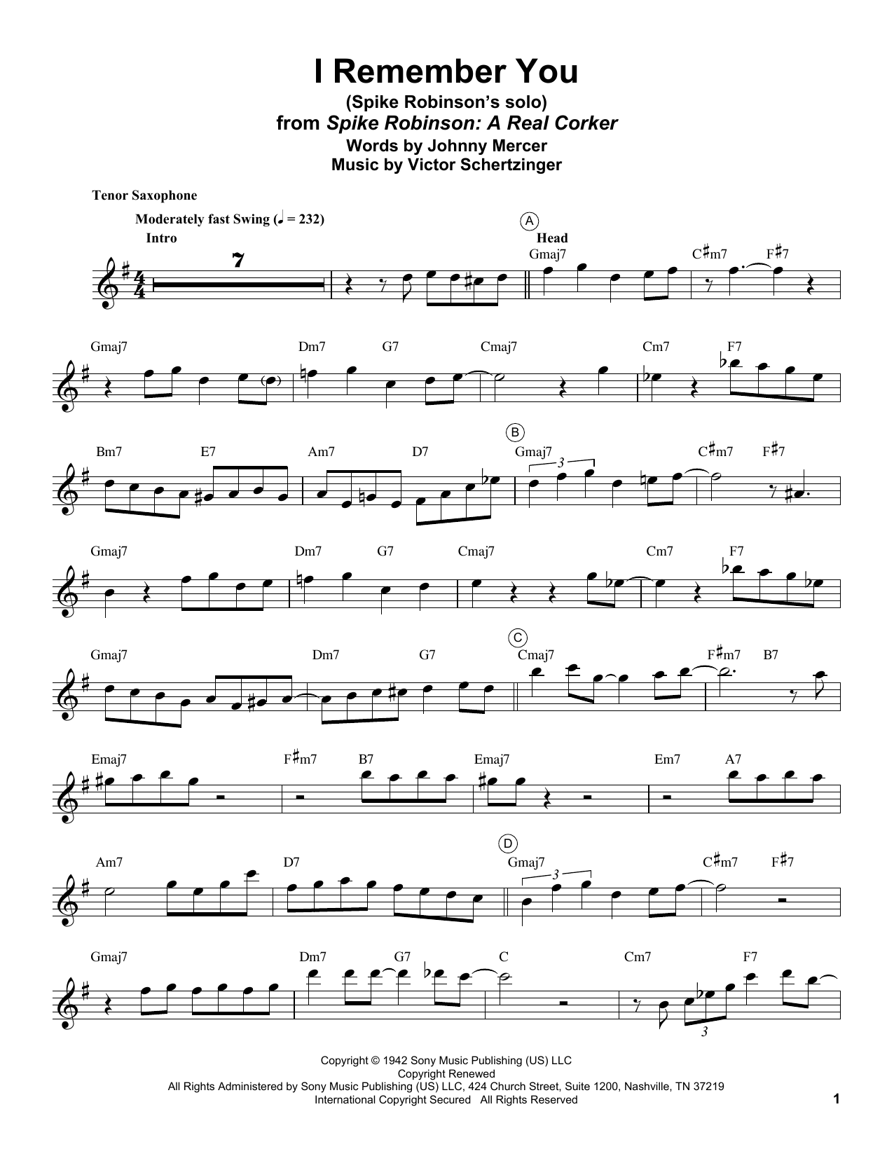 Spike Robinson I Remember You Sheet Music Notes & Chords for Tenor Sax Transcription - Download or Print PDF