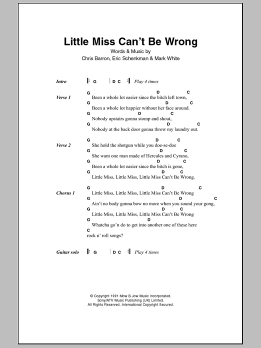 Spin Doctors Little Miss Can't Be Wrong Sheet Music Notes & Chords for Lyrics & Chords - Download or Print PDF