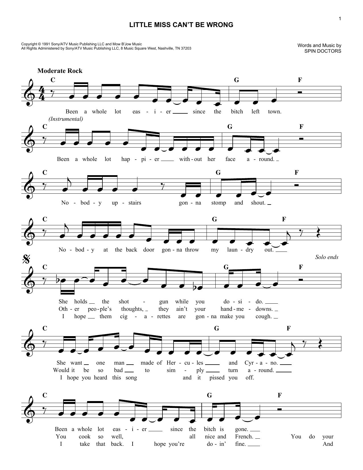 Spin Doctors Little Miss Can't Be Wrong Sheet Music Notes & Chords for Melody Line, Lyrics & Chords - Download or Print PDF