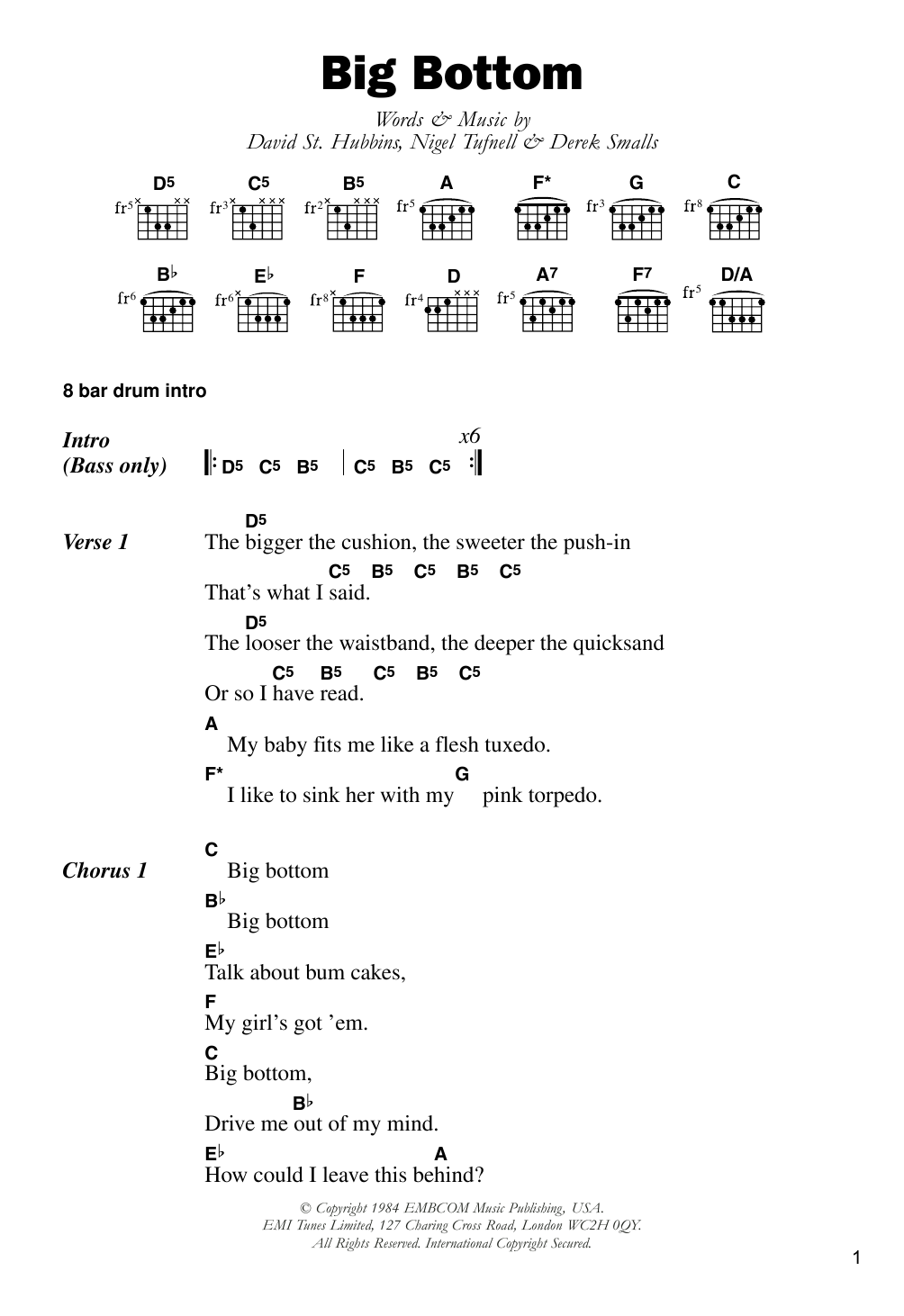 Spinal Tap Big Bottom Sheet Music Notes & Chords for Lyrics & Chords - Download or Print PDF