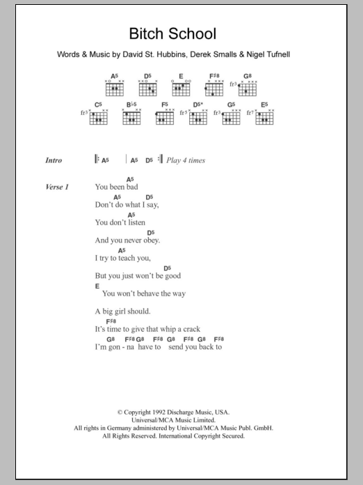 Spinal Tap Bitch School Sheet Music Notes & Chords for Lyrics & Chords - Download or Print PDF