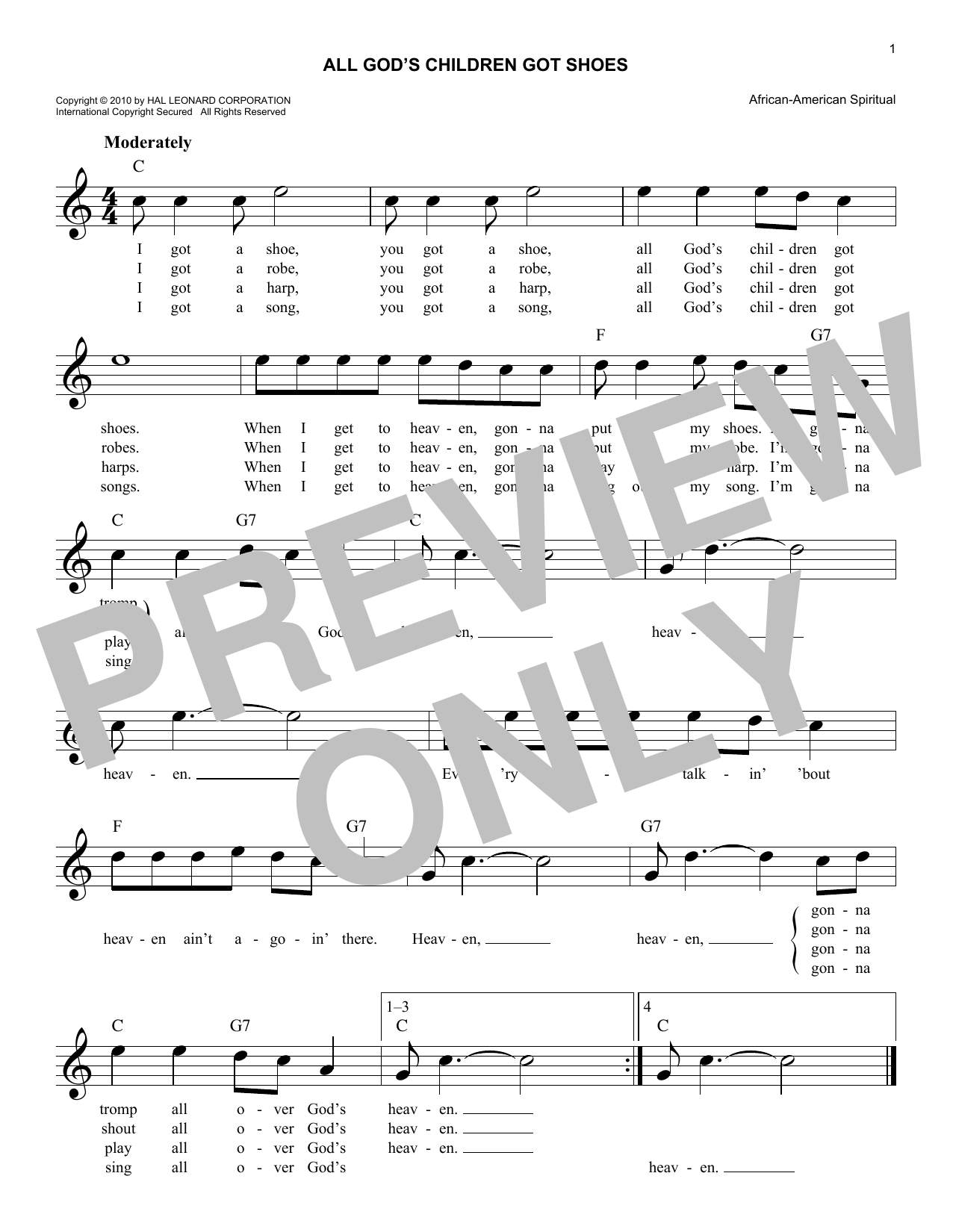 Spiritual All God's Children Got Shoes Sheet Music Notes & Chords for Melody Line, Lyrics & Chords - Download or Print PDF