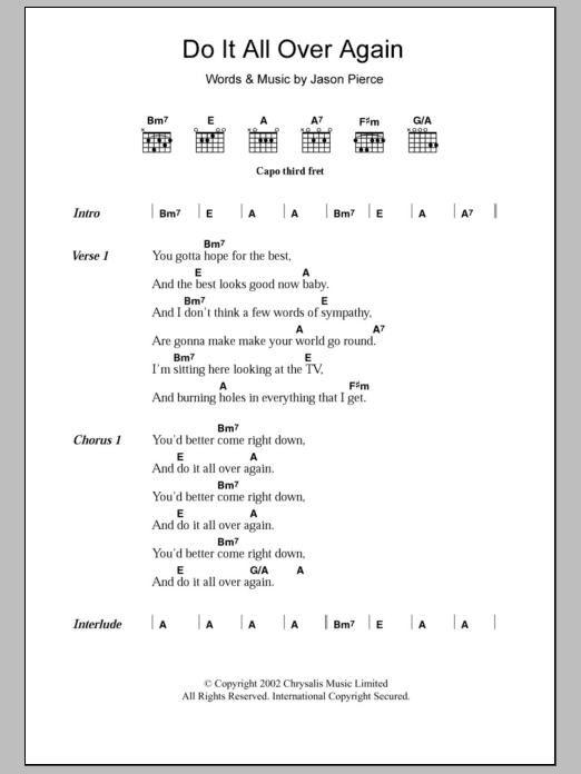 Spiritualized Do It All Over Again Sheet Music Notes & Chords for Lyrics & Chords - Download or Print PDF