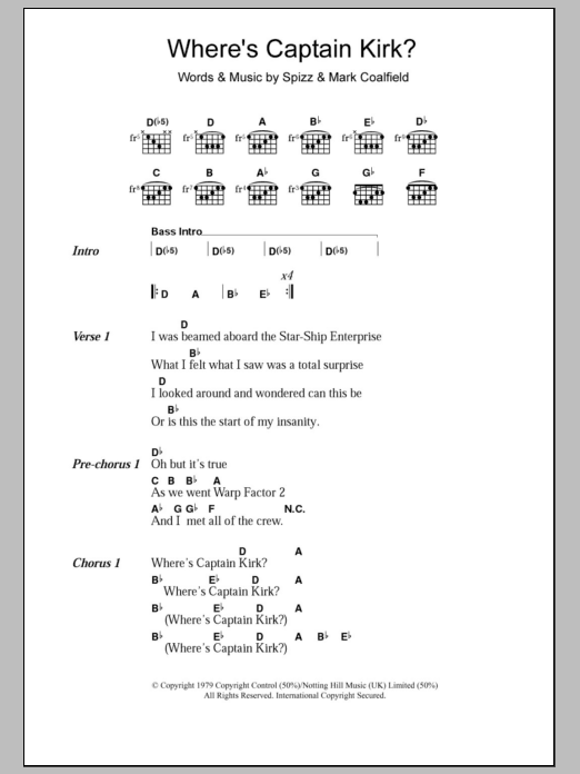 Spizz Energi Where's Captain Kirk? Sheet Music Notes & Chords for Lyrics & Chords - Download or Print PDF