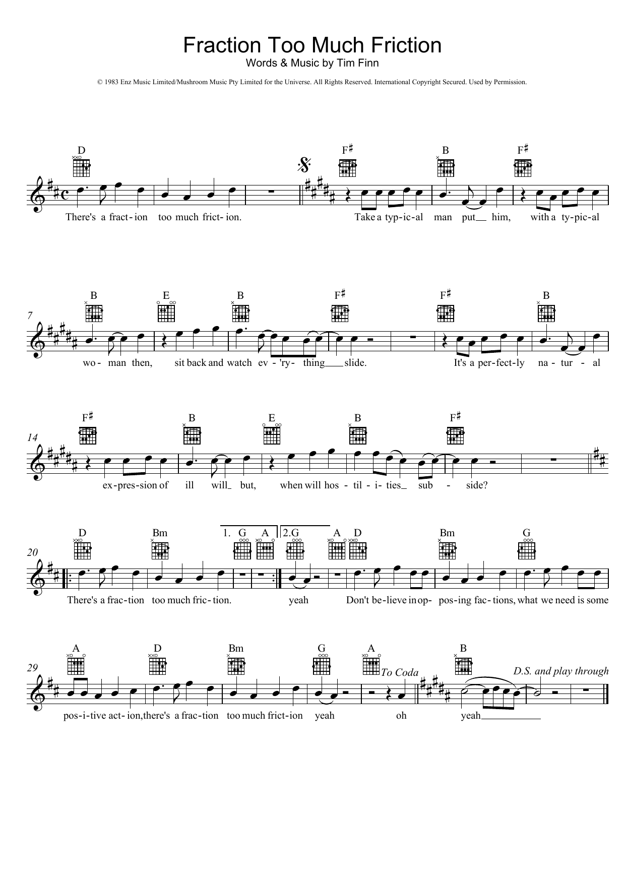 Split Enz Fraction Too Much Friction Sheet Music Notes & Chords for Melody Line, Lyrics & Chords - Download or Print PDF