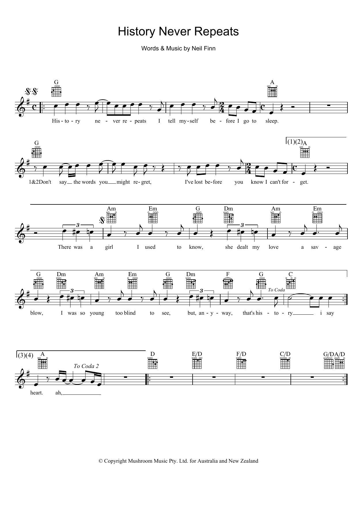 Split Enz History Never Repeats Sheet Music Notes & Chords for Melody Line, Lyrics & Chords - Download or Print PDF