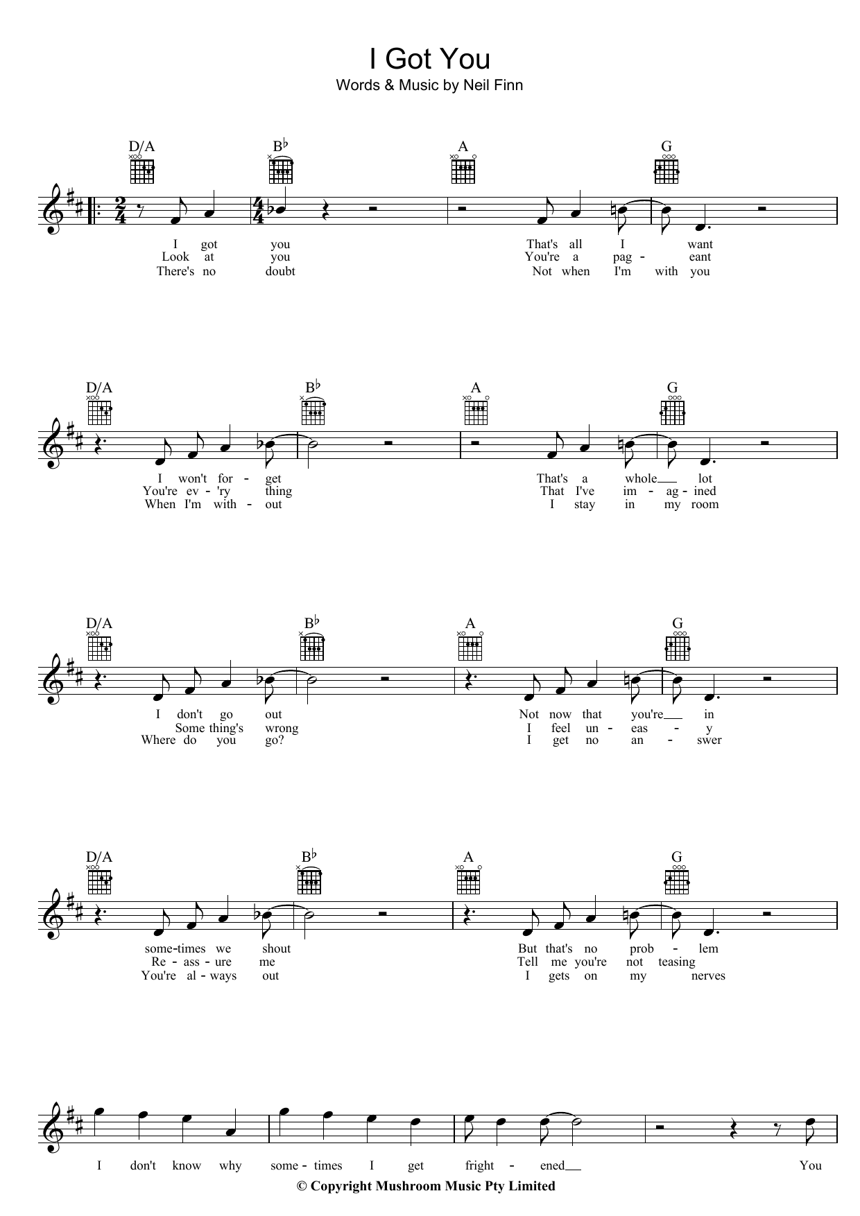 Split Enz I Got You Sheet Music Notes & Chords for Lyrics & Chords - Download or Print PDF
