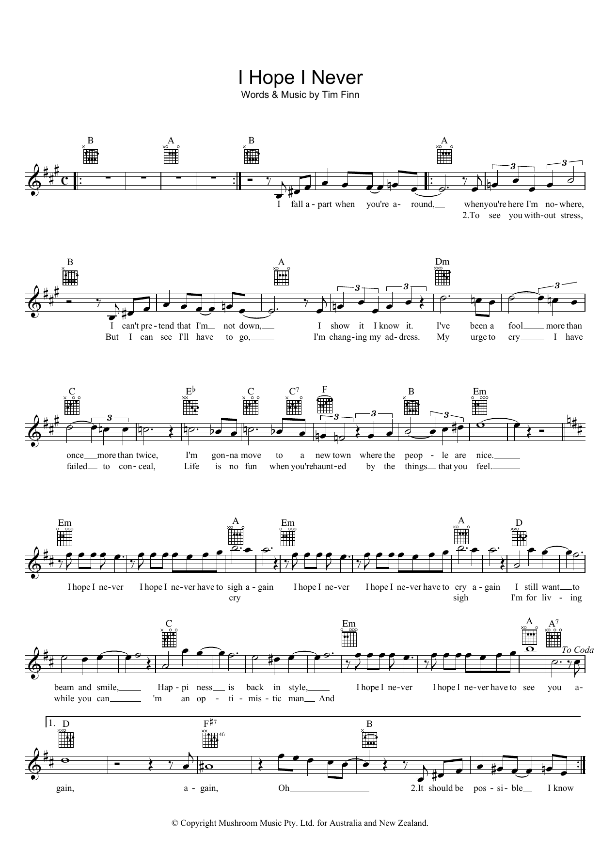 Split Enz I Hope I Never Sheet Music Notes & Chords for Melody Line, Lyrics & Chords - Download or Print PDF