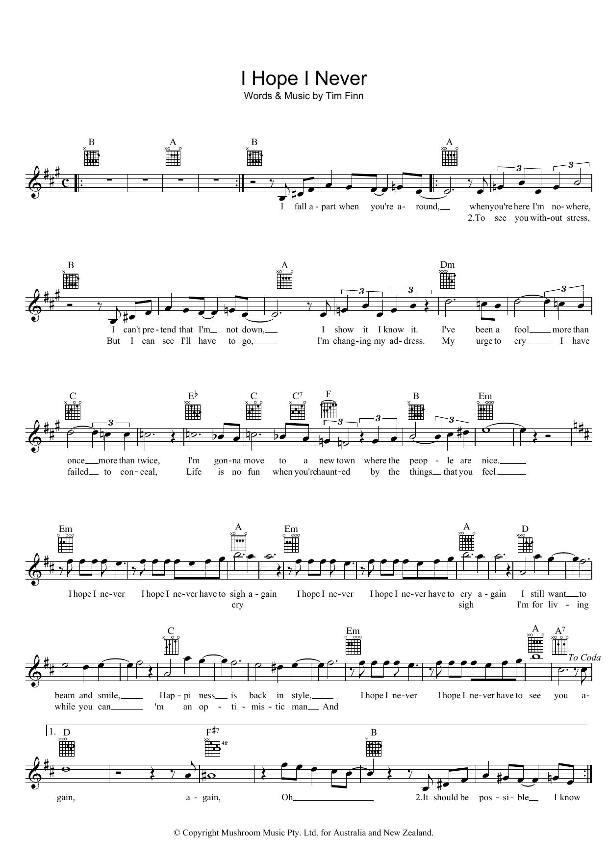 Split Enz I Hope I Never Sheet Music Notes & Chords for Piano, Vocal & Guitar (Right-Hand Melody) - Download or Print PDF