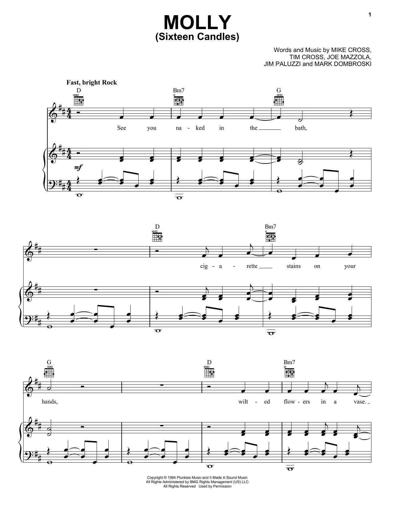 Sponge Molly (Sixteen Candles) Sheet Music Notes & Chords for Piano, Vocal & Guitar (Right-Hand Melody) - Download or Print PDF