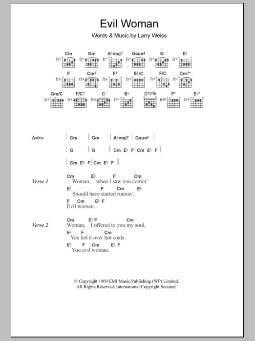 Spooky Tooth Evil Woman Sheet Music Notes & Chords for Lyrics & Chords - Download or Print PDF