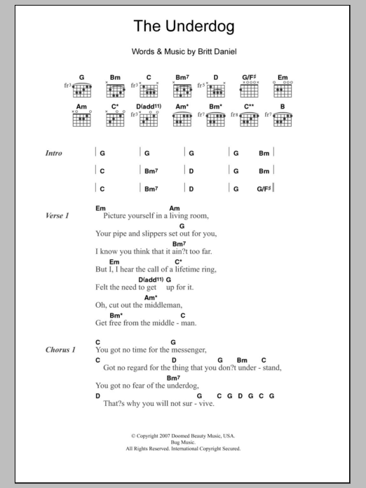 Spoon The Underdog Sheet Music Notes & Chords for Lyrics & Chords - Download or Print PDF