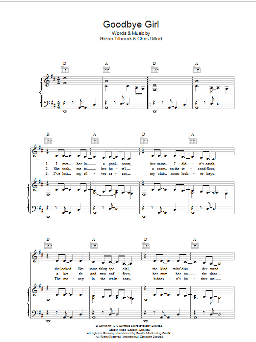 Squeeze Goodbye Girl Sheet Music Notes & Chords for Piano, Vocal & Guitar (Right-Hand Melody) - Download or Print PDF