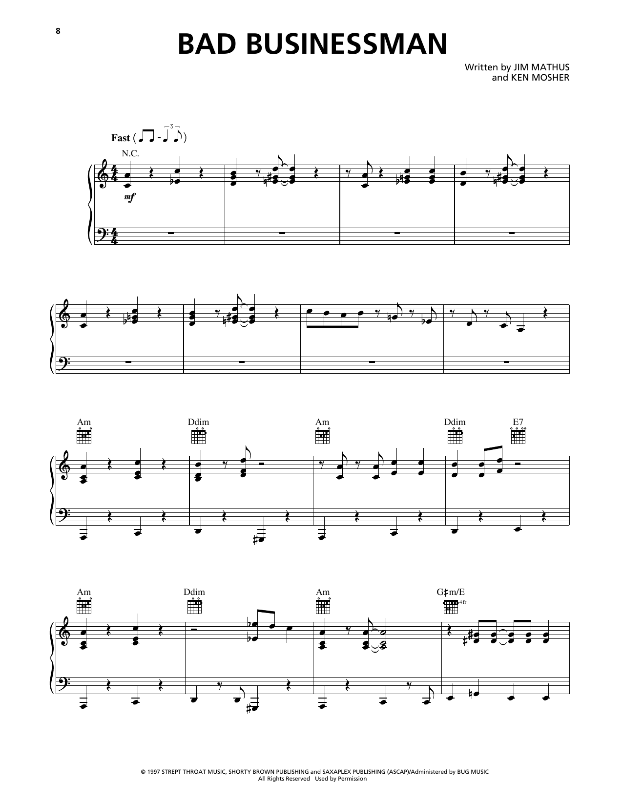 Squirrel Nut Zippers Bad Businessman Sheet Music Notes & Chords for Piano, Vocal & Guitar Chords (Right-Hand Melody) - Download or Print PDF