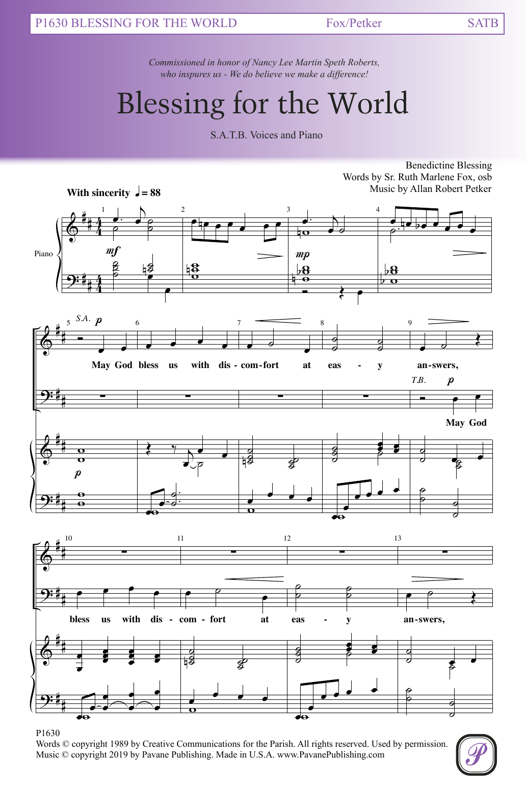 Sr. Ruth Marlene Fox and Allan Robert Petker Blessing For The World Sheet Music Notes & Chords for SATB Choir - Download or Print PDF