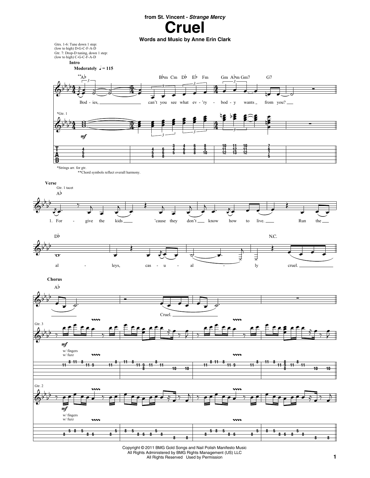 St. Vincent Cruel Sheet Music Notes & Chords for Guitar Tab - Download or Print PDF