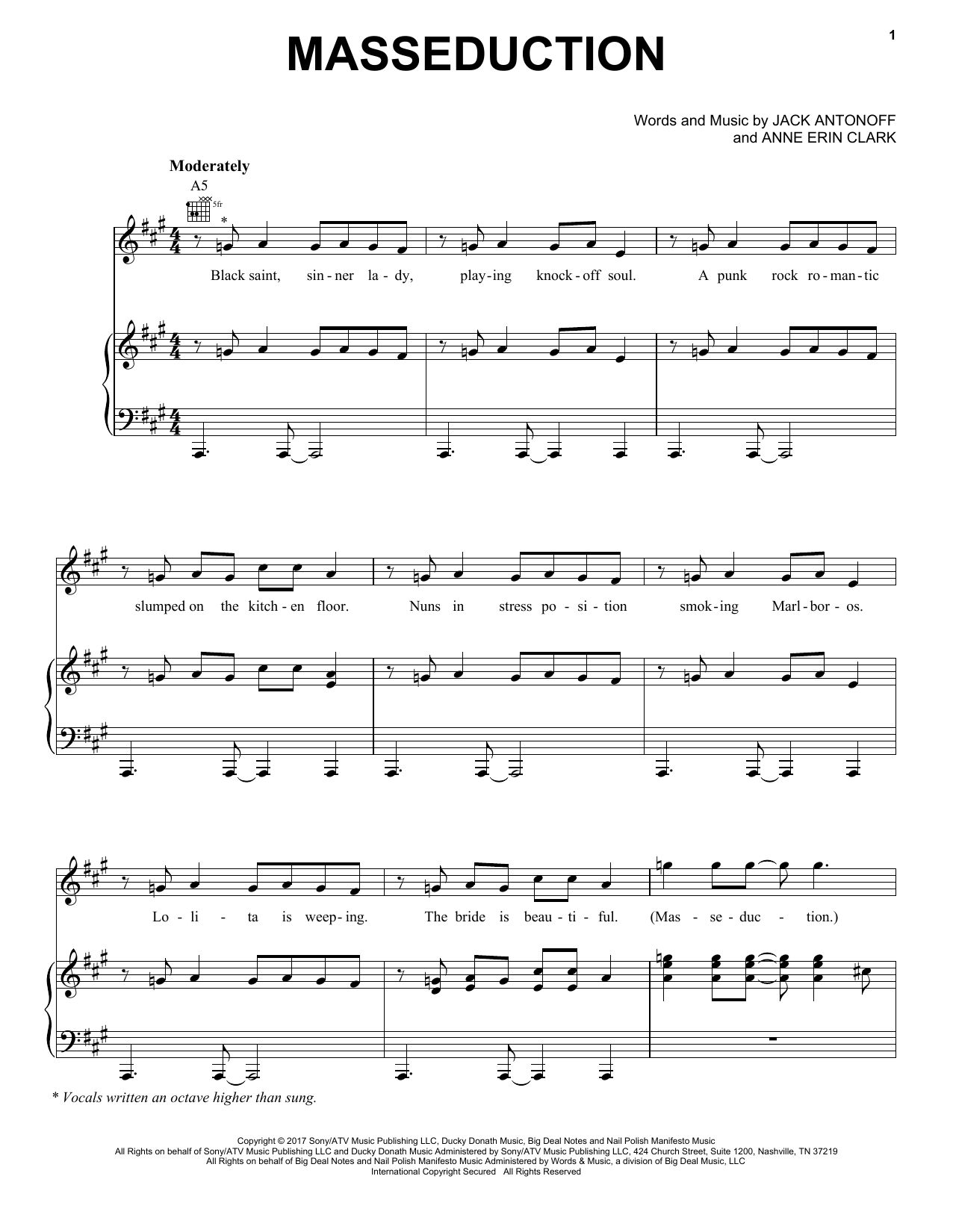 St. Vincent Masseduction Sheet Music Notes & Chords for Piano, Vocal & Guitar (Right-Hand Melody) - Download or Print PDF