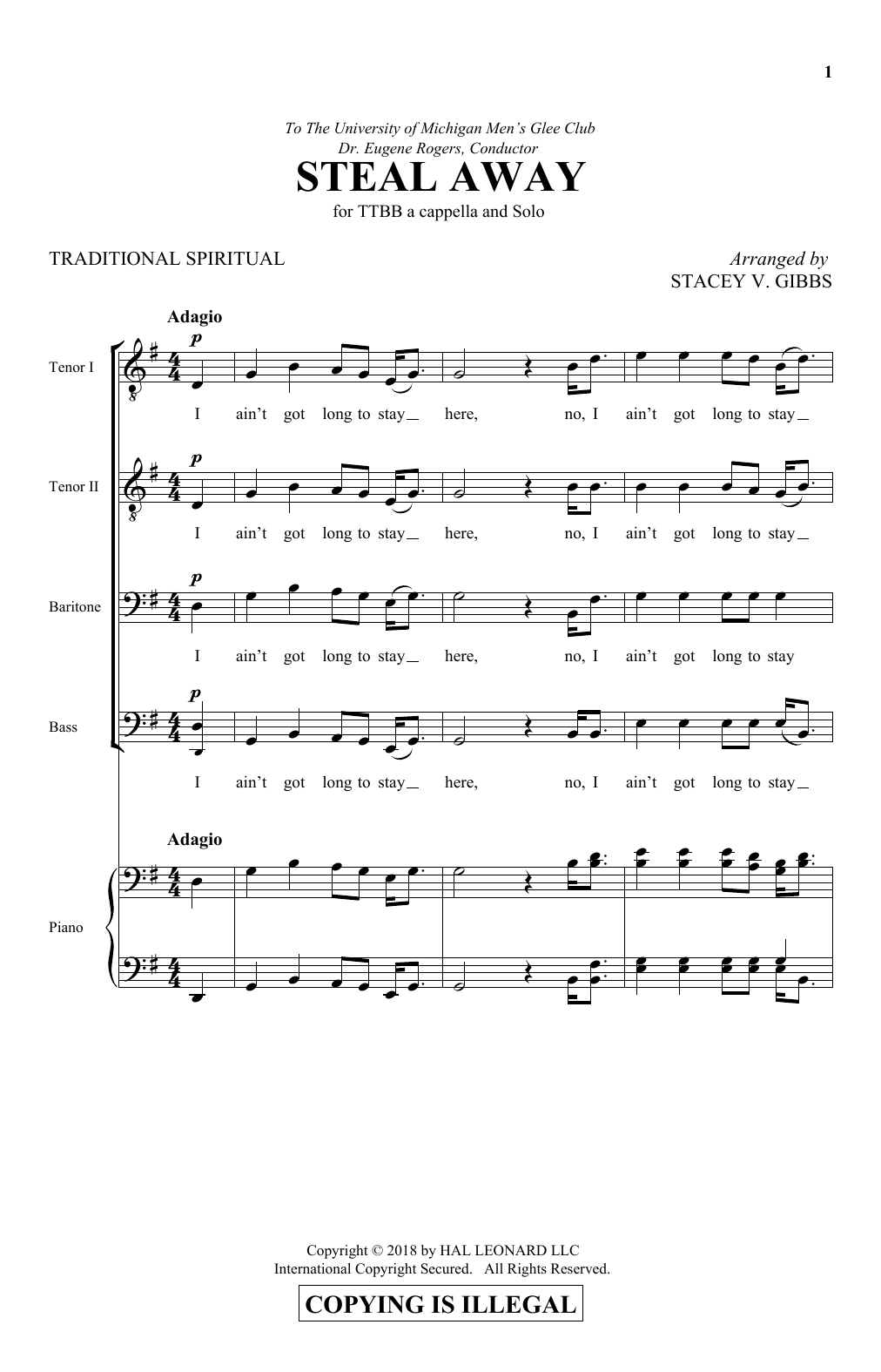 Stacey Gibbs Steal Away Sheet Music Notes & Chords for TTBB Choir - Download or Print PDF