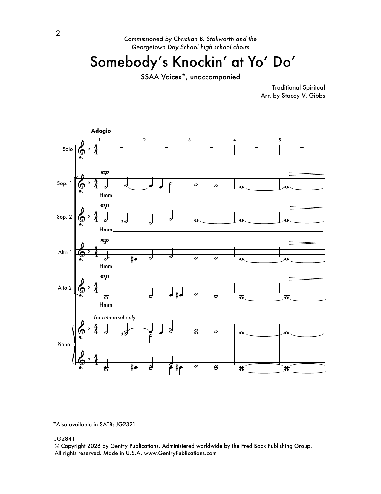 Stacey V. Gibbs Somebody's Knockin' at Yo' Do' Sheet Music Notes & Chords for SSAA Choir - Download or Print PDF
