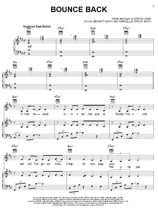 Stacie Orrico Bounce Back Sheet Music Notes & Chords for Piano, Vocal & Guitar (Right-Hand Melody) - Download or Print PDF