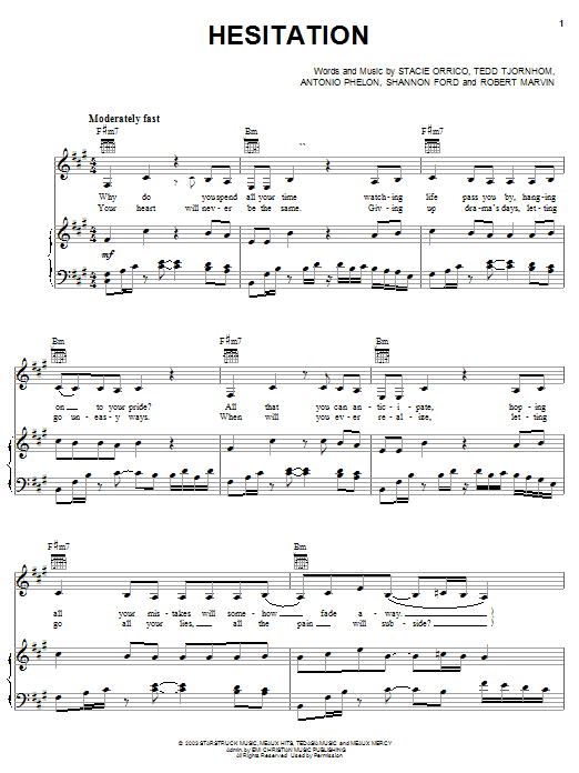 Stacie Orrico Hesitation Sheet Music Notes & Chords for Piano, Vocal & Guitar (Right-Hand Melody) - Download or Print PDF Stacie Orrico Hesitation Sheet Music Notes & Chords for Piano, Vocal & Guitar (Right-Hand Melody) - Download or Print PDF