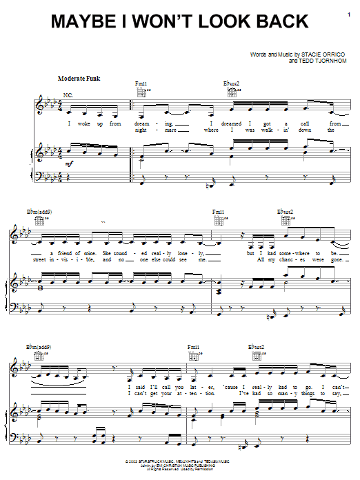 Stacie Orrico Maybe I Won't Look Back Sheet Music Notes & Chords for Piano, Vocal & Guitar (Right-Hand Melody) - Download or Print PDF Stacie Orrico Maybe I Won't Look Back Sheet Music Notes & Chords for Piano, Vocal & Guitar (Right-Hand Melody) - Download or Print PDF