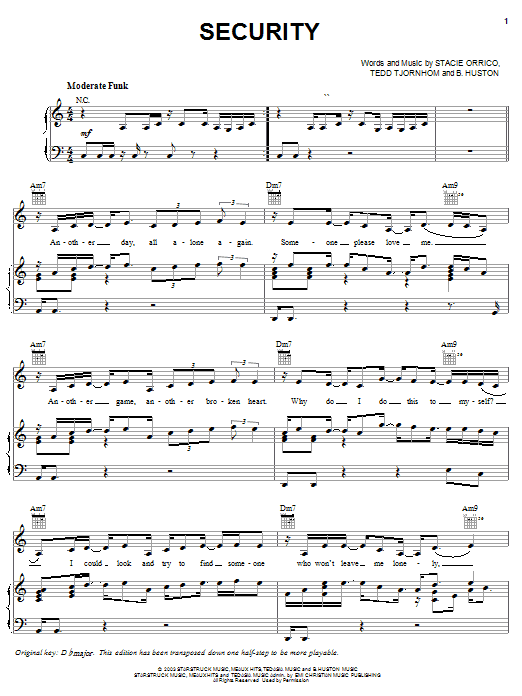 Stacie Orrico Security Sheet Music Notes & Chords for Piano, Vocal & Guitar (Right-Hand Melody) - Download or Print PDF Stacie Orrico Security Sheet Music Notes & Chords for Piano, Vocal & Guitar (Right-Hand Melody) - Download or Print PDF