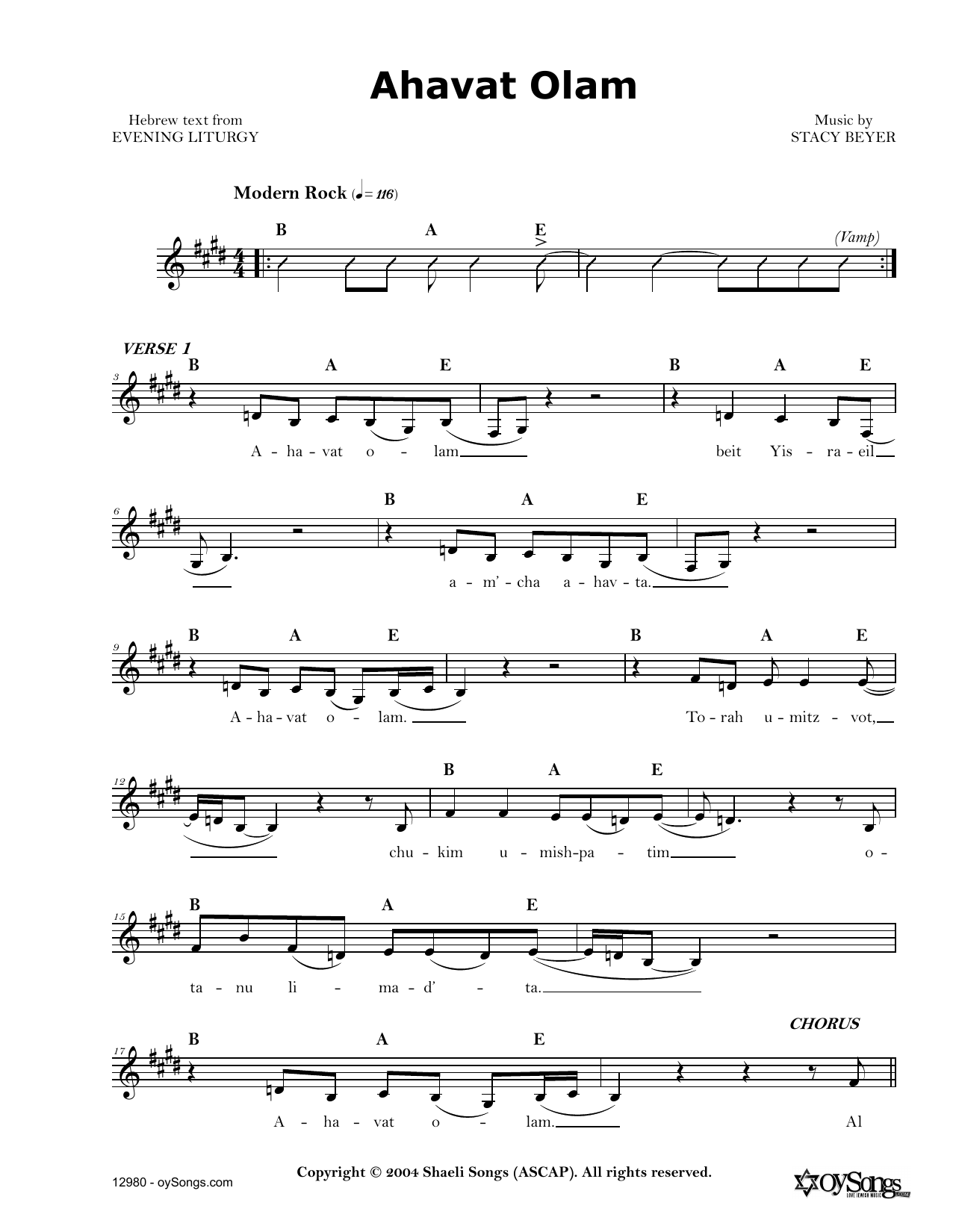 Stacy Beyer Ahavat Olam Sheet Music Notes & Chords for Real Book – Melody, Lyrics & Chords - Download or Print PDF