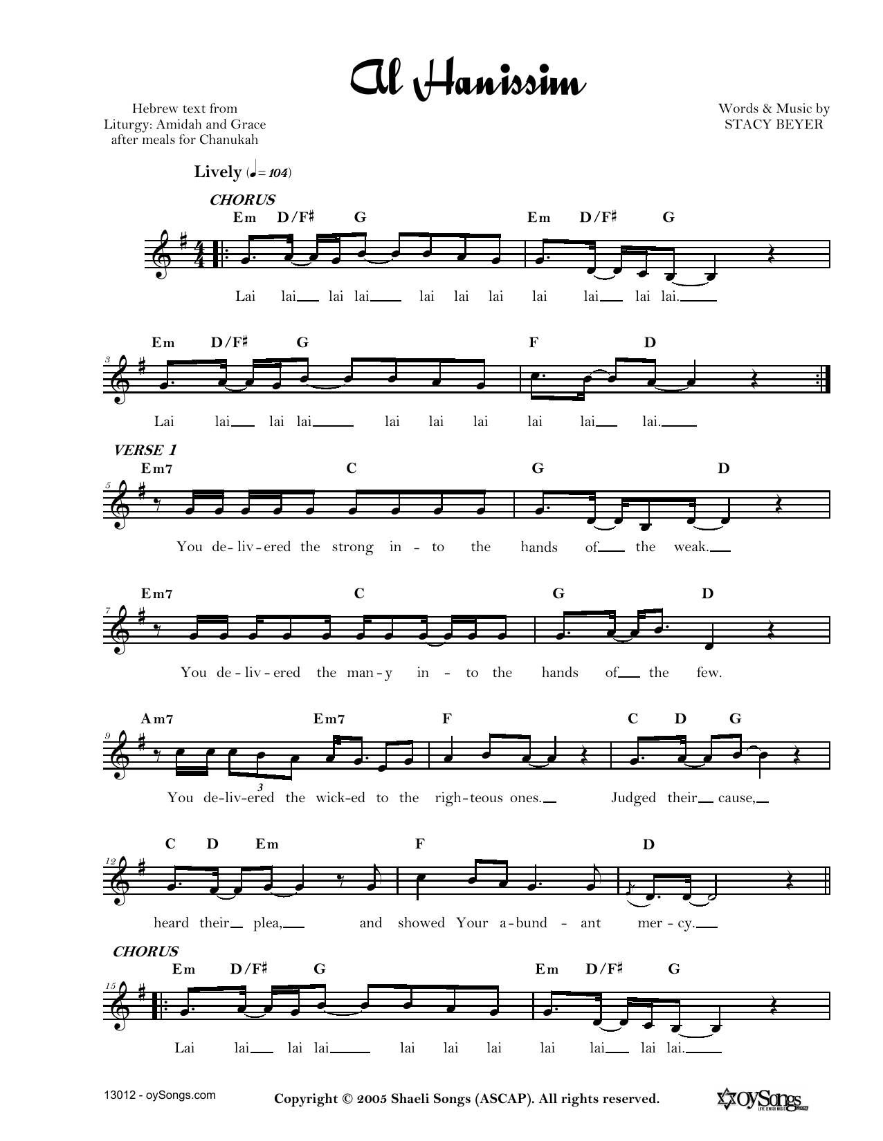 Stacy Beyer Al Hanissim Sheet Music Notes & Chords for Real Book – Melody, Lyrics & Chords - Download or Print PDF