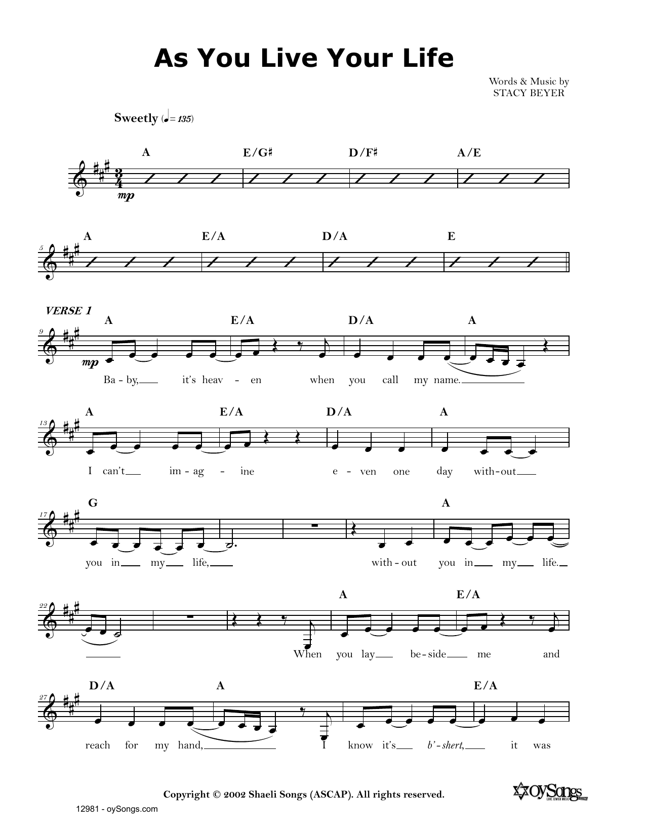 Stacy Beyer As You Live Your Life Sheet Music Notes & Chords for Real Book – Melody, Lyrics & Chords - Download or Print PDF