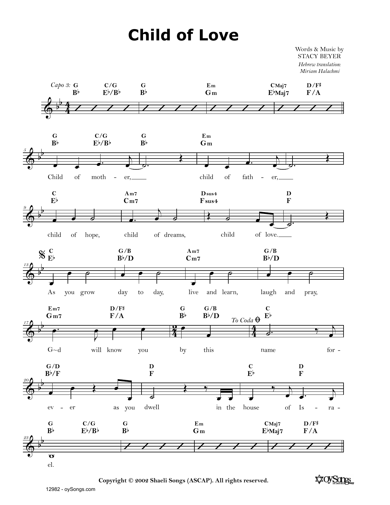 Stacy Beyer Child of Love Sheet Music Notes & Chords for Real Book – Melody, Lyrics & Chords - Download or Print PDF